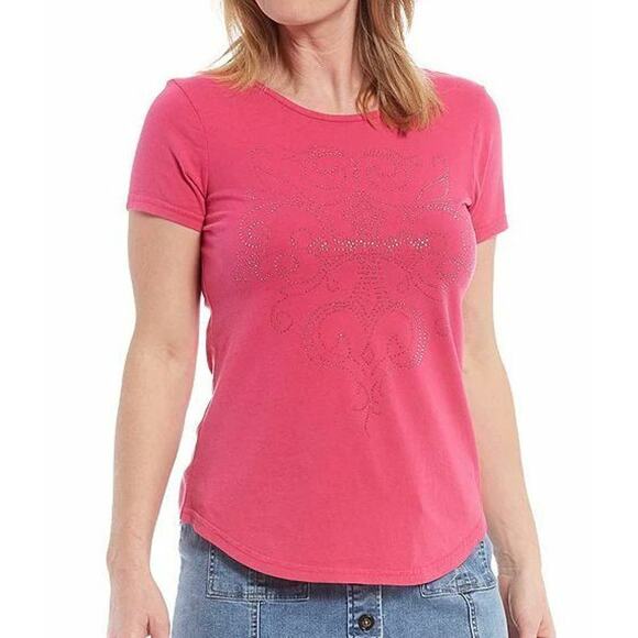 Reba Aried Stone Embellished Short Sleeve Shirt Womens Size Large Rose Pink - Picture 1 of 7